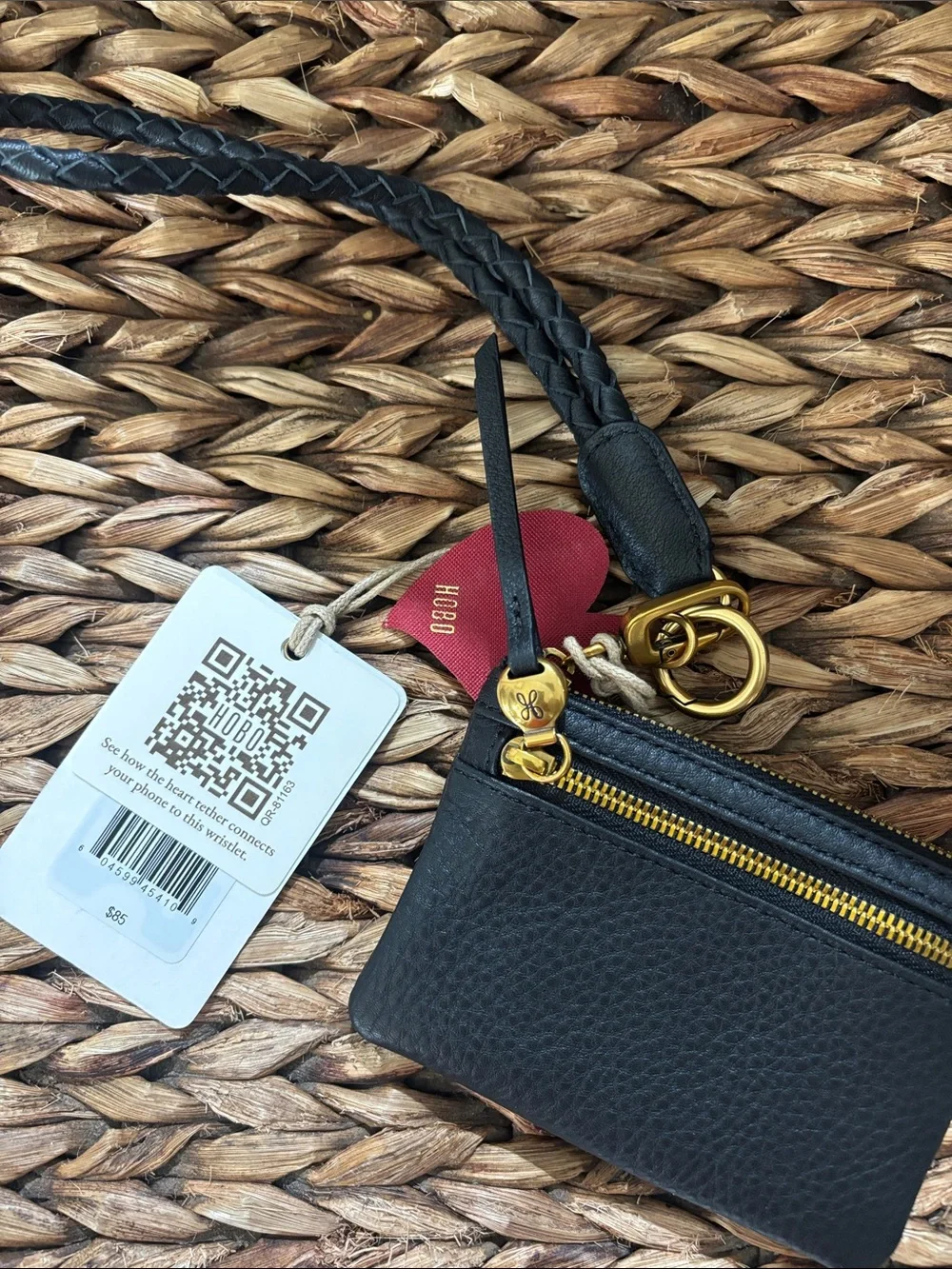 HOBO Black Pebbled Leather Wristlet with Red Heart Key Charm